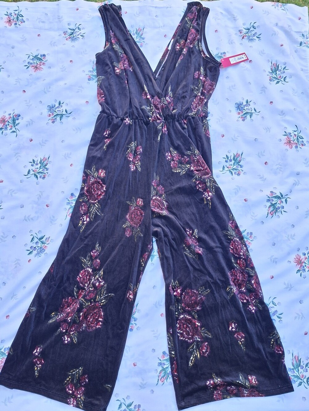 Xhilaration black velvet floral jumpsuit , cropped wide-leg